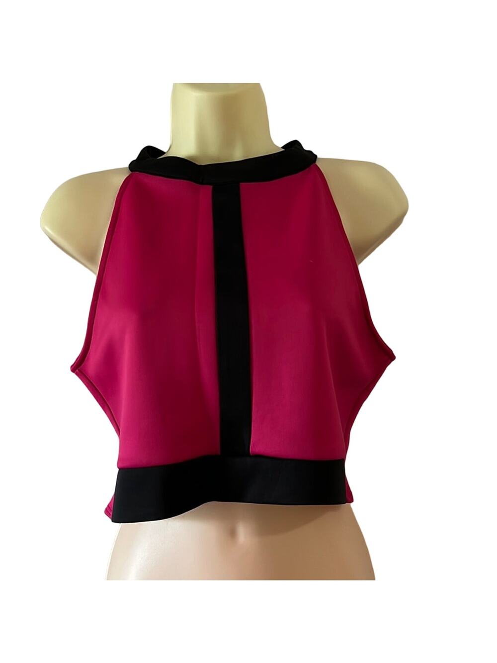 True Light Pink & Black Knit Crop Top Size Large Tie Back Color Block Summer